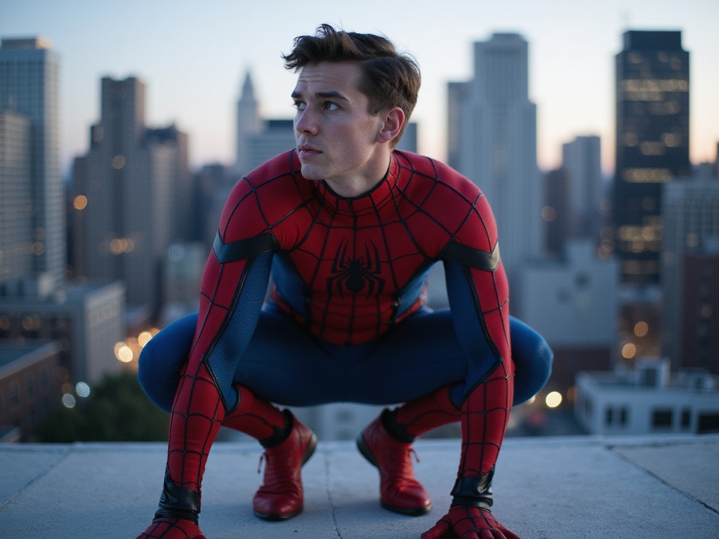 A 22-year-old male, James, embodying Spider-Man in a striking urban setting. He is depicted in a hyper-realistic scene, crouched on a rooftop in a cityscape filled with skyscrapers, dressed in a sleek, detailed Spider-Man suit featuring a vibrant red and blue color palette, adorned with the iconic spider emblem. His muscular physique is accentuated by the suit's design, while his expression reveals determination and focus. The lighting captures the mood of twilight, casting dramatic shadows and giving an ethereal glow to the city background. This powerful pose captures the essence of agility and strength associated with the superhero, producing an exhilarating and dynamic visual narrative. ROLE-PLAYING, HYPER-REALISTIC.