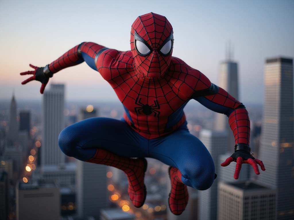 A striking portrait of Michael, a 28-year-old Indian male, role-playing Spider-Man in a hyper-realistic style. He is dressed in a meticulously detailed Spider-Man costume, featuring the iconic red and blue web pattern that fits snugly to highlight his athletic physique. The setting is an urban skyline at dusk, with dramatic lighting illuminating his figure against a backdrop of skyscrapers. Michael poses dynamically, mid-leap, as if swinging through the city, his expression focused and determined. The composition captures the thrill and energy of the superhero genre, showcasing both the character's agility and the vibrant city life around him. The overall mood resonates with adventure and heroism.