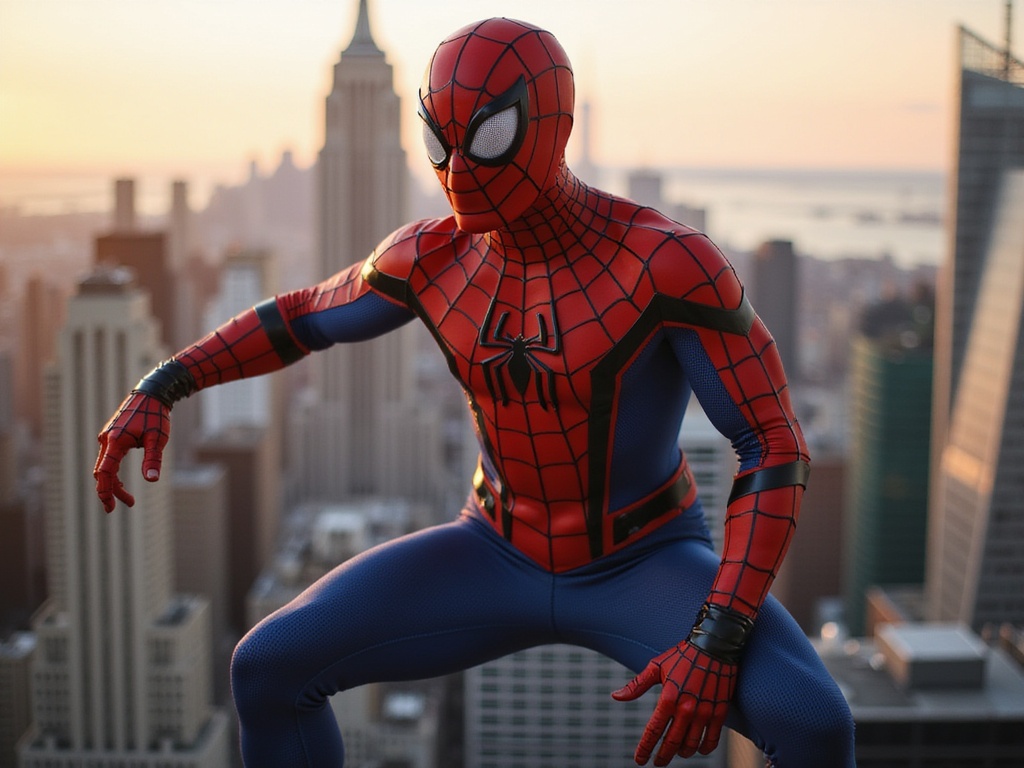 A 25-year-old Middle Eastern male, James, dressed in a detailed, realistic Spider-Man costume, set against the backdrop of a vibrant New York City skyline. He strikes a dynamic pose, mid-swing, with a cityscape illuminated by the golden hour light reflecting off the glass buildings. The suit, detailed with intricate web patterns and classic colors, enhances his athletic physique. His expression is one of focus and determination, capturing the essence of a superhero ready for action. The image combines elements of urban life with the thrill of comic book heroism, creating a striking visual narrative. The lighting accentuates the contours of his muscles, while the composition emphasizes movement and energy, creating a sense of excitement and adventure.