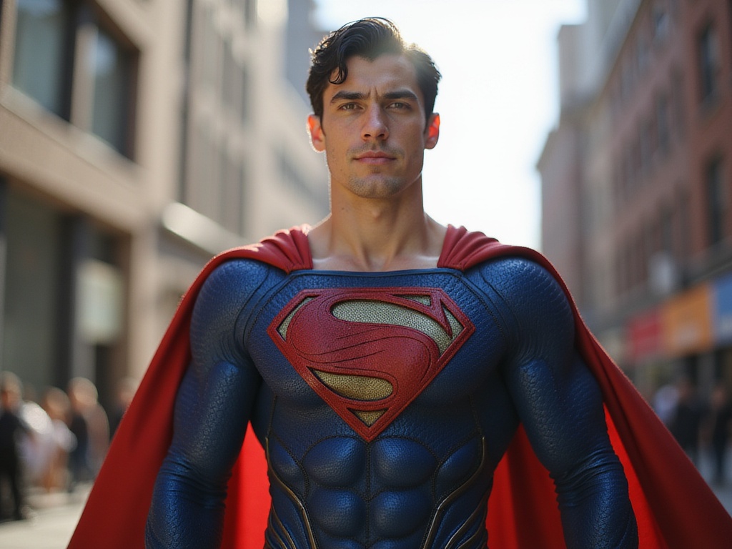 A 22-year-old male, David, role-playing as Superman, depicted with a strong and athletic build, showcasing the iconic blue and red Superman costume that hugs his figure. His black hair is styled neatly, and he wears the emblematic cape billowing behind him in an urban backdrop, reminiscent of Metropolis. The sunlight creates a halo effect around him, enhancing the heroic aura. His confident pose embodies the essence of strength and justice, radiating a sense of hope and bravery. The scene captures the dynamic spirit of Superman while maintaining a hyper-realistic quality that reflects contemporary superhero aesthetics.
