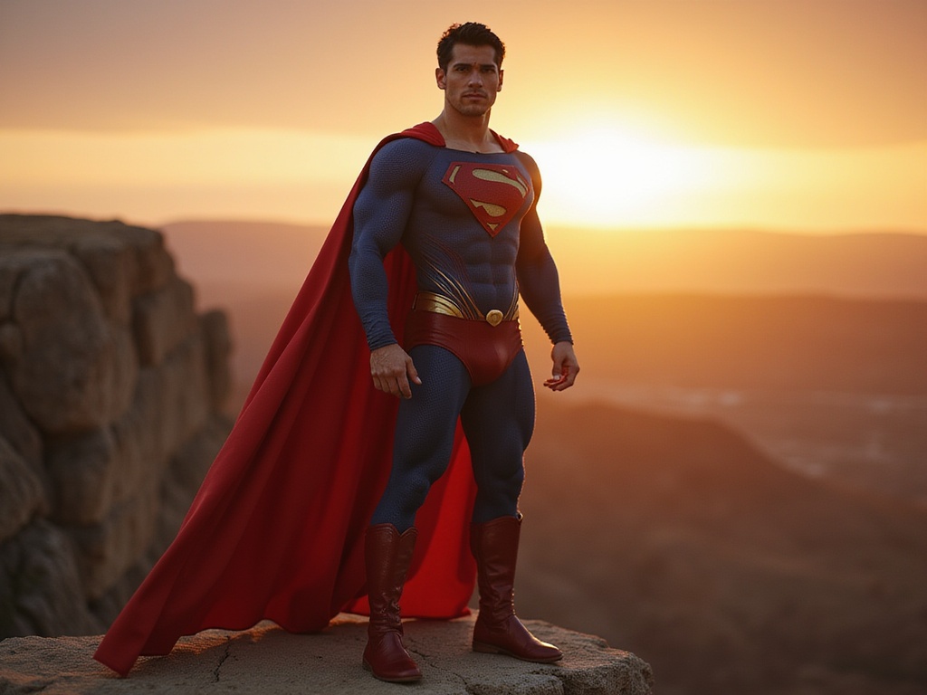 A striking portrait of a 26-year-old Latin male, John, embodying the classic superhero persona of Superman. He stands atop a rugged cliff against a dramatic sunset, his iconic blue and red costume fitting him like a second skin, complete with a flowing red cape that billows heroically in the wind. His physique is muscular and defined, projecting strength and courage. With a confident gaze piercing the camera, he embodies a sense of justice and determination. The lighting captures the golden rays of the setting sun, illuminating his features and creating a halo effect around his cape, evoking a mythic quality. This image channels the essence of a modern-day superhero, merging fantasy and reality in a breath-taking visual narrative.