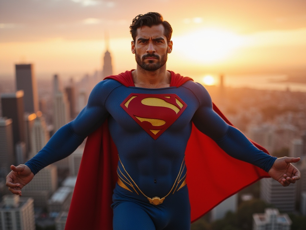 A 27-year-old male, James, role-playing as a hyper-realistic Superman, embodying strength and heroism. He is depicted with Middle Eastern features, wearing a tailored, form-fitting blue suit adorned with the iconic red and yellow 'S' emblem on his chest. The cape flows dramatically behind him, accentuating his dynamic pose as he hovers slightly above the ground. The background features a vibrant cityscape at sunset, with warm hues reflecting off towering buildings, capturing the essence of hope and valor. The lighting highlights his sculpted physique and determined expression, evoking a sense of power and adventure in a comic book-inspired atmosphere. ROLE-PLAYING, HYPER-REALISTIC.