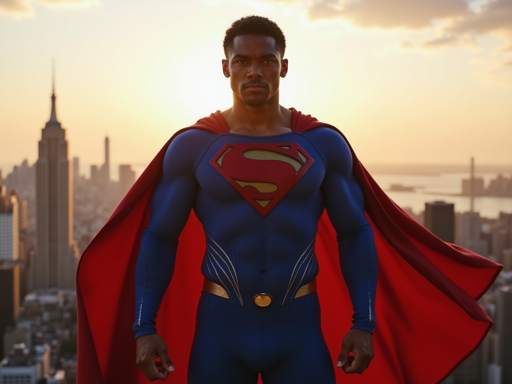 A 28-year-old Black male, David, role-playing as Superman, exuding an aura of strength and heroism. He stands confidently atop a skyscraper, the iconic Superman emblem boldly displayed on his chest, draped in a meticulously tailored, vivid blue suit and a flowing red cape that billows in the wind. The setting sun casts a warm glow, creating dramatic shadows that sculpt his muscular physique and accentuate the contours of his face. His expression is fierce and determined, embodying the essence of a modern superhero, while the urban skyline in the background adds a sense of empowerment and grandeur. The overall image captures a cinematic realism, balancing the fantastical elements of superhero lore with a grounded, human touch.