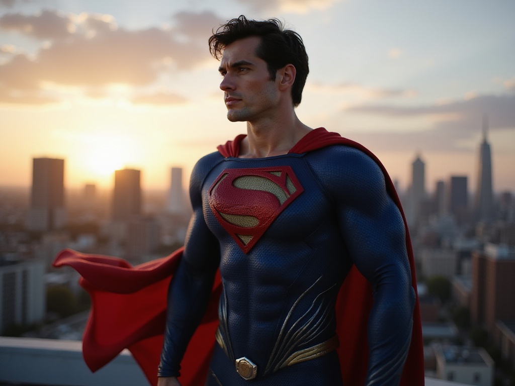 A male figure, David, aged 28, embodying Superman in a striking and hyper-realistic portrayal. Dressed in the iconic blue and red costume, complete with the bold 'S' emblem emblazoned across his chest, he stands heroically on a rooftop against a dramatic city skyline at twilight. The golden hour casts a warm glow, illuminating his chiseled features and tousled hair. Muscles defined under the costume, he strikes an empowering pose, conveying strength and determination. The atmosphere is charged with energy, as the wind tousles his cape, hinting at his readiness for flight, embodying the very essence of a modern-day hero.