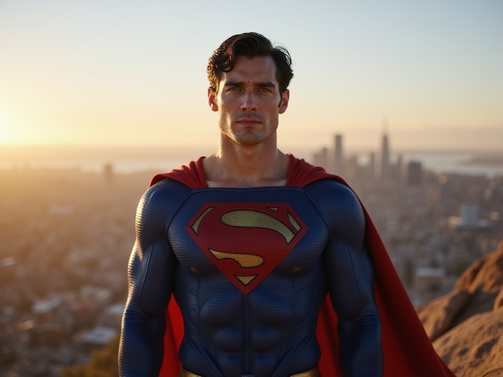 A 24-year-old male, John, depicted as Superman in a hyper-realistic style. He stands heroically on a windswept cliff overlooking a city skyline at dusk, wearing a classic, form-fitting blue and red Superman suit, with the iconic emblem prominently displayed on his chest. The cape billows dramatically in the wind, while his facial expression conveys determination and strength. Cinematic lighting enhances the contours of his muscular physique, casting shadows that emphasize power and heroism, with the ambiance of the setting sun creating a warm glow on his skin. The image captures the essence of courage and hope, embodying the superhero’s timeless allure.