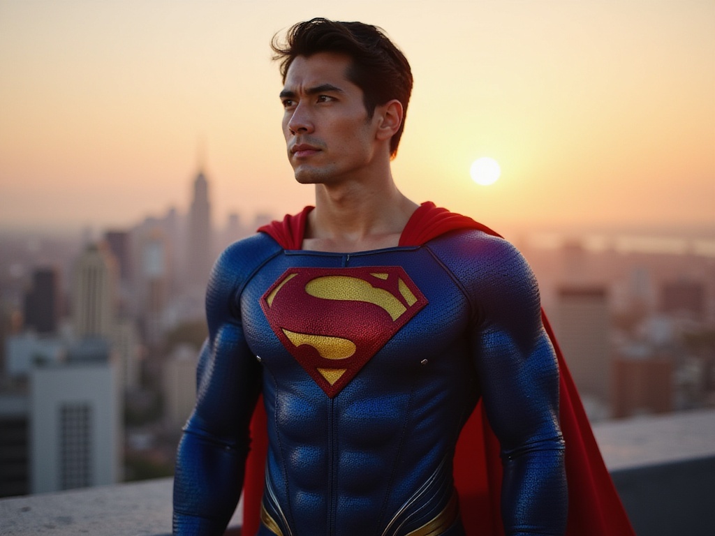 A 23-year-old Asian male, John, portrayed as a hyper-realistic Superman, stands heroically on a rooftop against a vibrant city skyline at sunset. His sleek, form-fitting blue suit made of high-tech fabric glistens with hints of sunlight, emblazoned with the iconic red and yellow 'S' symbol on his chest. The cape billows behind him, capturing the essence of power and freedom. With a determined gaze, he gazes into the distance, embodying confidence and bravery. Dramatic chiaroscuro lighting enhances muscular contours and gives a cinematic feel to the scene, evoking a sense of heroic urgency and modernity.