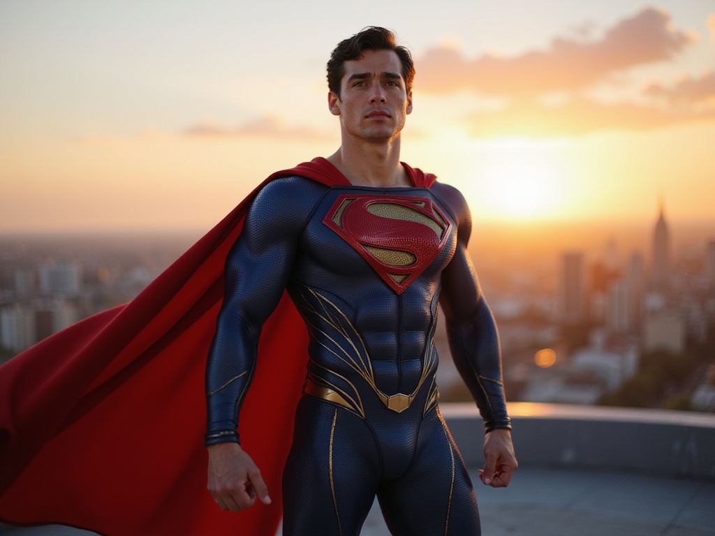 A young male model, Michael, aged 22, portrayed as Superman in a hyper-realistic style. He stands heroically on a rooftop overlooking a vibrant cityscape, dressed in a tailored Superman costume featuring a striking blue bodysuit with the iconic red 'S' emblem emblazoned on his chest. His muscular physique is accentuated under dramatic lighting that highlights the contours of his body, while a flowing red cape billows in the wind behind him. The pose exudes confidence and power, with a slight tilt of his chin suggesting determination. The urban backdrop glows with the colors of sunset, casting a golden hue that elevates the heroic ambiance of the scene. This image captures the essence of an iconic hero in a moment of triumph and readiness to protect the city.