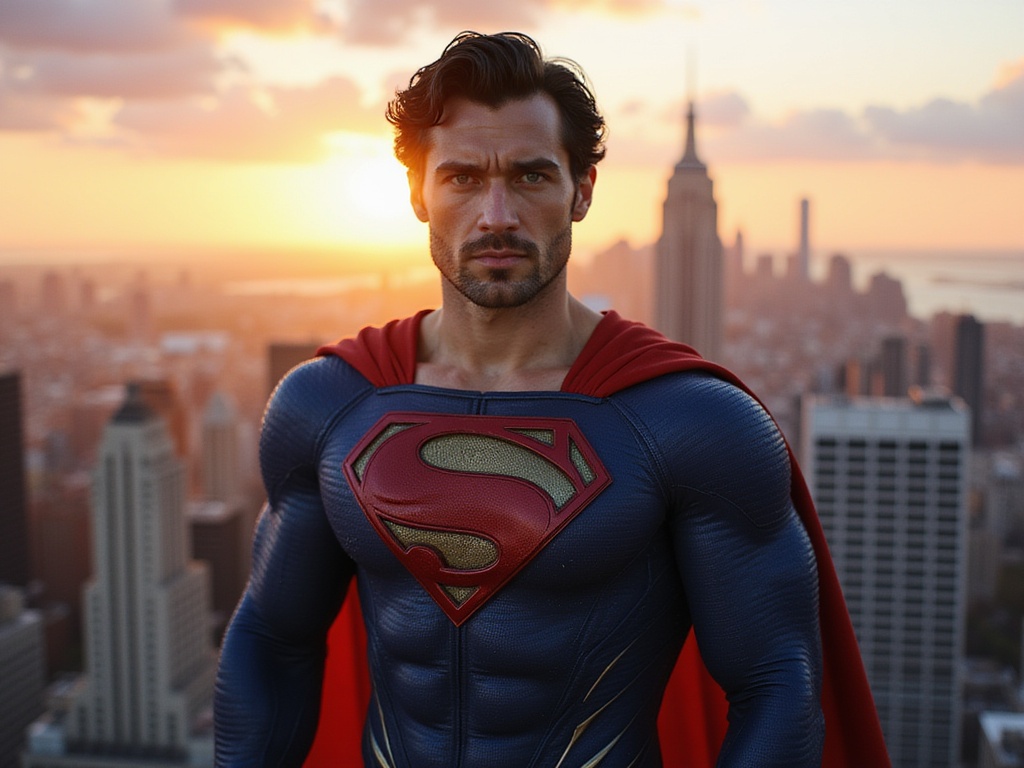 A 25-year-old male, David, embodying the iconic character of Superman. He stands heroically atop a skyscraper overlooking a bustling city, wearing a classic blue and red superhero suit that clings to his athletic physique, with the Superman emblem prominently displayed on his chest. His strong jawline is complemented by tousled dark hair, and his piercing blue eyes exude confidence and strength. The backdrop features a vibrant sunset casting a golden hue across the skyline, emphasizing the grandeur of the moment. The composition incorporates dynamic lighting to highlight the musculature and movement in his pose, suggesting readiness for flight. This hyper-realistic portrayal captures the mythical essence of the superhero, evoking feelings of hope and resilience.