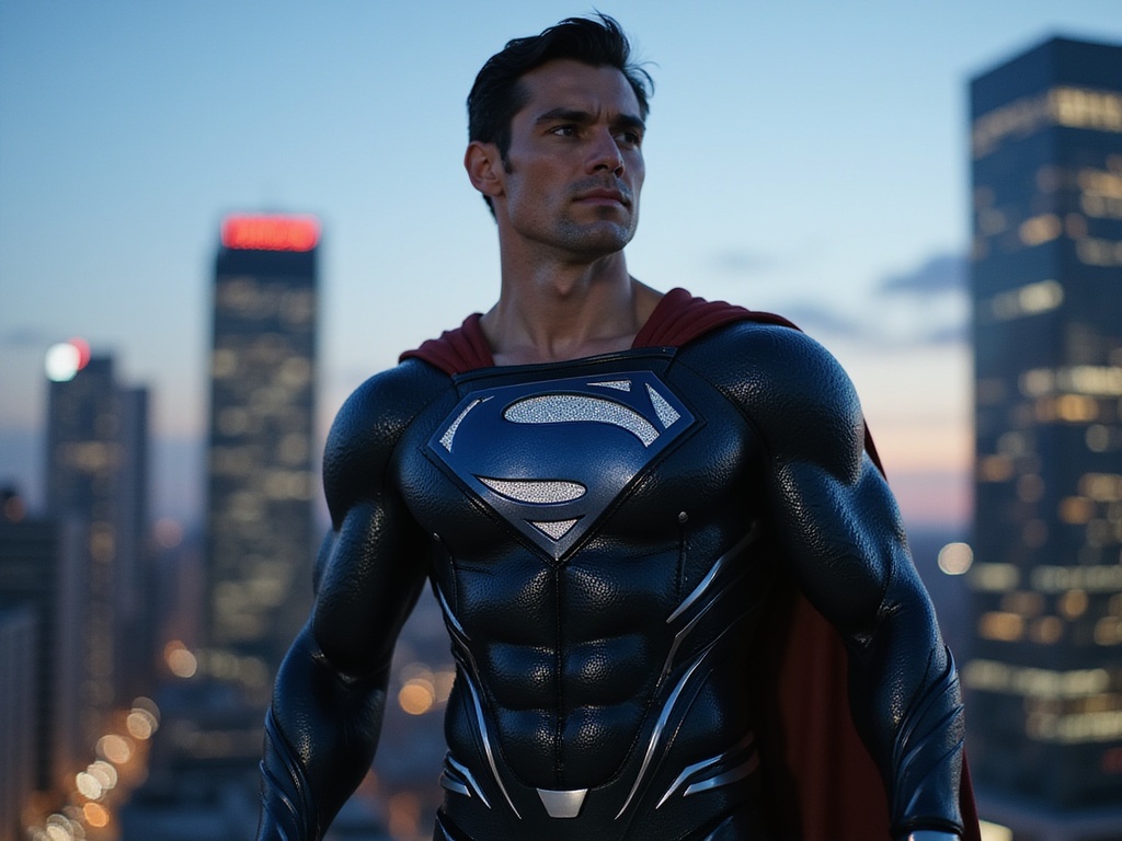 A 29-year-old male character, Michael, embodying the essence of Superman with a modern twist. This hyper-realistic portrayal features Michael dressed in a sleek, form-fitting black and metallic blue superhero costume, complete with a stylized 'S' emblem prominently displayed on his chest. His strong, athletic physique is accentuated by sharp lighting highlighting chiseled abs and powerful shoulders. The setting is a futuristic cityscape at dusk, with skyscrapers illuminated against the night sky, emphasizing his heroic presence. Michael’s hairstyle is contemporary, and he wears a confident expression, showcasing strength and determination. The image captures the classic superhero essence while infusing it with cultural relevance and modern styling, making it a memorable and powerful representation of a contemporary Superman.