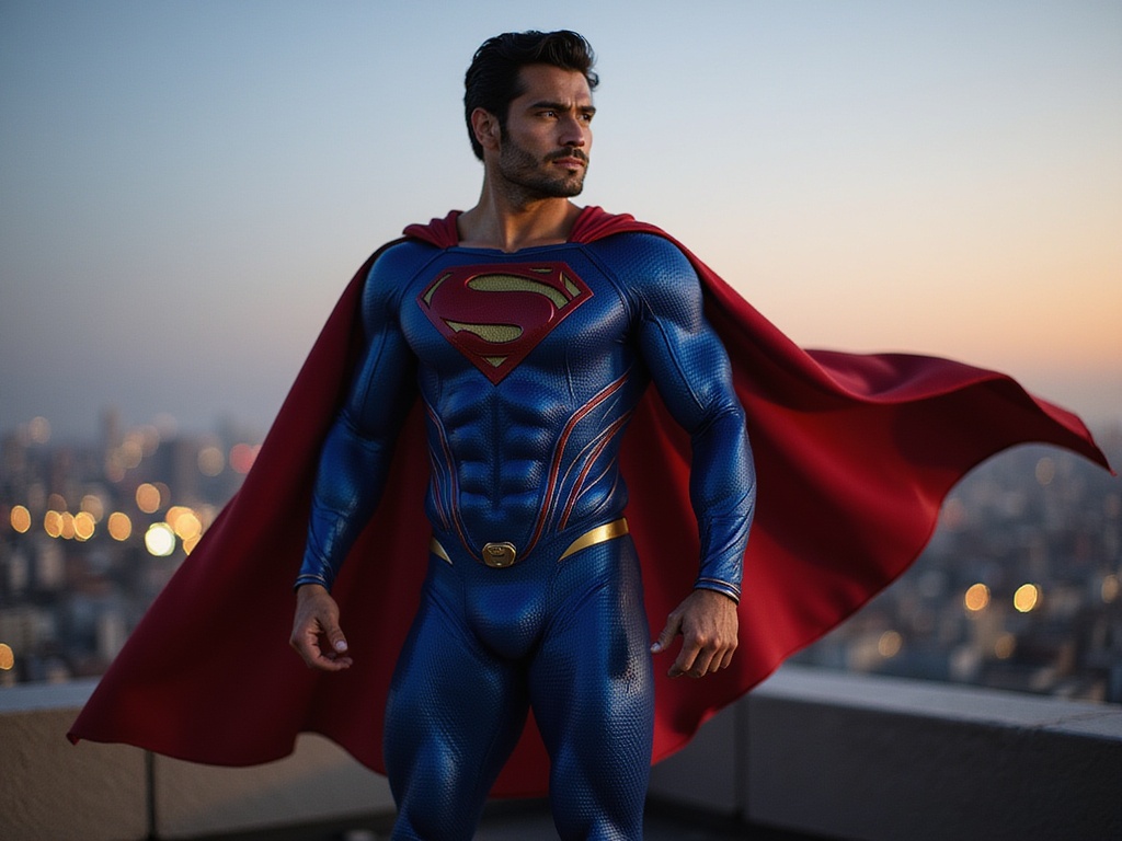 A 25-year-old male, David, embodying the iconic Superman character with a modern twist, representing an Indian descent. He stands heroically on a rooftop at twilight, city lights shimmering in the background. Clad in a form-fitting, vibrant blue suit with a bold red cape fluttering in the wind, the design features intricate detailing and a metallic sheen. His muscular physique showcases both strength and agility, while his expression exudes determination and charisma. The pose captures the essence of a superhero in action, arms akimbo as he gazes confidently into the distance. The dramatic lighting casts captivating shadows, enhancing the power of the scene, while the ethereal glow of the setting sun adds a touch of magic to this contemporary interpretation of a beloved character.