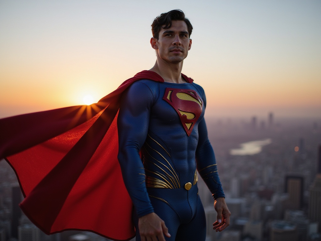 A young male hero, James, aged 22, embodies the essence of Superman, featuring a middle-eastern descent. He stands atop a skyscraper at sunset, the cityscape sprawling behind him. Draped in a custom-designed, vibrant blue and red suit made of advanced performance fabric, the outfit includes the classic 'S' emblem prominently displayed on his chest, creating a striking contrast against the twilight sky. His expression is one of determination and hope, with a chiseled jaw and piercing gaze. The wind lifts his cape dramatically, enhancing the sense of motion and power. Dramatic chiaroscuro lighting highlights his strong, muscular form and casts shadows that amplify his heroic silhouette. This moment captures the essence of courage and justice, evoking a modern mythical presence in a contemporary urban landscape.