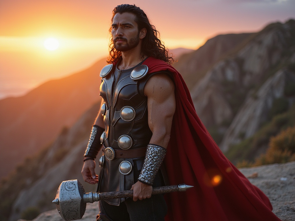 A 22-year-old male, John, embodying the essence of Thor with Indian heritage. He stands heroically atop a rugged cliff, the dramatic sunset casting a fiery glow on his muscular frame. He is dressed in an intricately designed iteration of Thor's armor, featuring metallic accents and flowing red fabric reminiscent of a warrior's cape. His dark, wavy hair cascades down his shoulders, and he wields a stunning replica of Mjolnir, his expression fierce and determined as he gazes into the distance. The atmosphere is charged with energy, capturing the essence of mythology and strength in a hyper-realistic style, where the lighting highlights the contours of his body, evoking a powerful connection to the divine. The image encapsulates an epic, cinematic moment of valor and heroism.