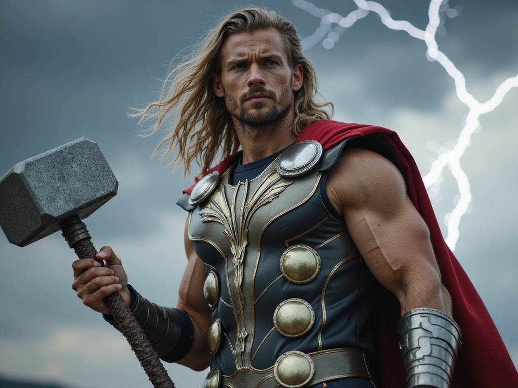 A striking young man, David, aged 22, embodies the character of Thor with a powerful presence. He stands chiseled and confident, wearing intricately designed armor reminiscent of Asgardian attire, featuring bold silver and gold tones. The image captures his muscular physique and fierce expression, with long, flowing natural hair cascading down his shoulders. Thor's signature hammer, Mjölnir, is confidently gripped in one hand, while the background evokes a dramatic Norse mythology setting, filled with stormy skies and lightning effects, emphasizing the superhero's might and regal aura. The composition focuses on his commanding stance and defined features, illuminating the character's strength and charisma, creating an epic atmosphere.