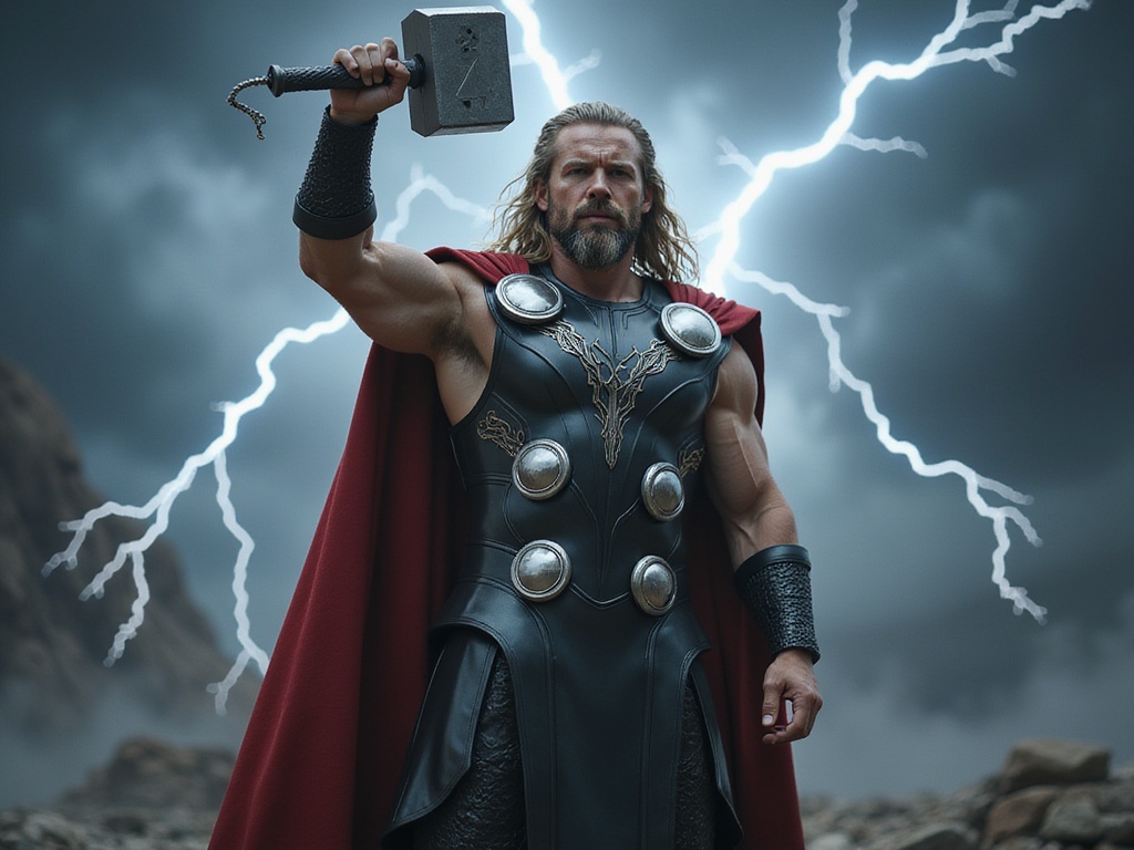 A 26-year-old male, David, embodying Thor in a hyper-realistic portrayal. He stands valiantly against a dramatic, stormy backdrop reminiscent of Asgard. His muscular physique is clad in a sleek, dark armor adorned with intricate patterns, reflecting Middle Eastern heritage while channeling the Norse god's essence. Long, flowing hair cascades down his back, with thunderbolt designs swooshing in the air surrounding him. The lighting is dramatic, with flashes illuminating his chiseled features and warrior spirit. His stance is powerful, one hand gripping a mighty hammer raised in triumph, exuding confidence and strength, capturing an iconic moment between mythology and modernity. Emphasizing the blend of cultures in this fantasy role, the overall atmosphere is electrifying and majestic.