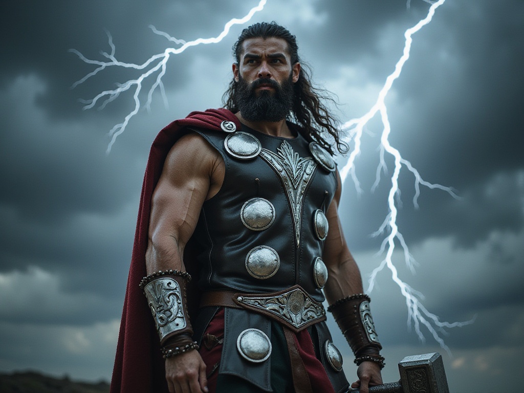 A striking male figure, John, aged 28, embodying the heroic essence of Thor, the Norse god of thunder. He is portrayed with Middle Eastern features, complete with flowing dark hair and a well-defined beard. Clad in intricately detailed armor inspired by ancient designs, the outfit combines rich textures of leather and gleaming metal with ornamentation that pays homage to Arabo-Nordic aesthetics. The setting evokes a dramatic stormy sky, with flashes of lightning illuminating his muscular frame. He stands tall with a powerful pose, holding a replica of Mjölnir, the mythical hammer, at his side. The image captures both the warrior's strength and regal authority, framed with dark clouds swirling around him, creating an otherworldly effect. The lighting emphasizes the intensity of the scene, highlighting his fierce expression and the intricate details of his costume.