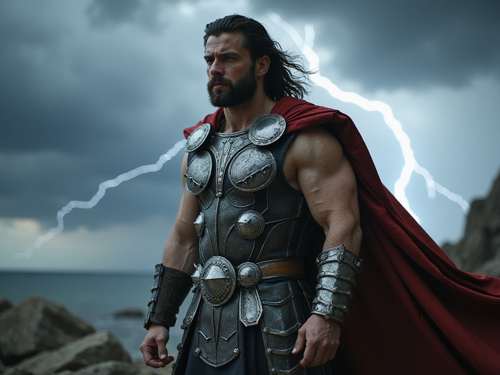 A striking male, Michael, aged 24, embodies the powerful persona of Thor, the Norse god of thunder. He stands in a dynamic pose, showcasing his muscular physique adorned in intricately crafted armor resembling ancient Viking designs, accented with a shimmering red cape that billows dramatically in the wind. His dark, flowing hair frames a chiseled face, and his fierce gaze portrays determination. The setting is a rugged, stormy landscape, with dark clouds swirling overhead and lightning illuminating the scene, capturing the essence of myth and heroism. The lighting emphasizes the contours of his body and the texture of his armor, evoking a sense of grandeur and strength befitting a warrior of legendary status.