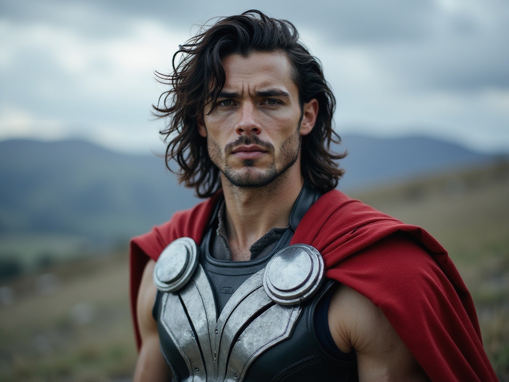A striking male figure, James, aged 24, embodies Thor with an air of formidable power and charisma. He is dressed in an intricate costume that features a modern interpretation of Thor's armor, combining elements of sleek, hammered silver and dark leather. The outfit is fitted, accentuating his muscular build, with a flowing red cape billowing dramatically behind him. His dark, curly hair cascades down to his shoulders, mirroring the iconic Norse god's legendary look. The background reflects a mythical setting with a tempestuous sky and distant mountains, enhancing the epic story of the character. Strong, dramatic lighting emphasizes his chiseled jawline and piercing eyes, projecting an aura of commanding authority. This photorealistic portrayal captures the essence of strength and heroism, making it worthy of a high-fashion editorial shoot.