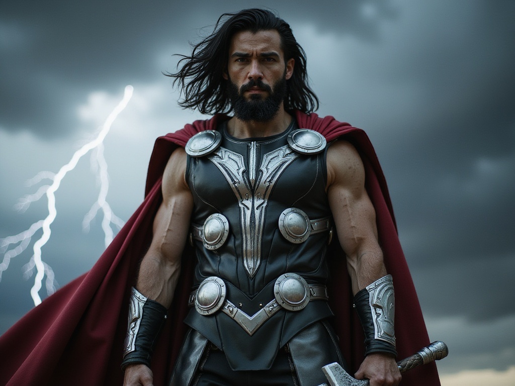 A striking male figure, James, aged 29, embodying Thor’s character from the Marvel universe. He stands heroically against a dramatic stormy backdrop of dark clouds and flashes of lightning, showcasing his Middle Eastern descent. Clad in a modern reinterpretation of Thor's armor, featuring intricate silver detailing and a flowing dark red cape, his chiseled features are accentuated by a strong jawline and piercing gaze. His long, wavy black hair billows in the wind, and he wields a realistic Mjölnir, exuding power and magnetism. The composition utilizes chiaroscuro lighting to emphasize muscular contours, while the pose suggests readiness for battle, radiating both strength and regal authority. This scene captures the mythical essence of Thor while grounding it in contemporary cultural representation.