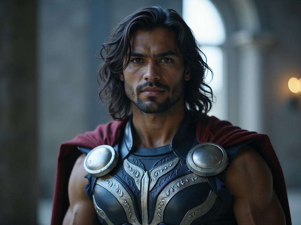 A portrait of a 25-year-old male, David, embodying the iconic superhero Thor, reimagined with Indian features. He is depicted in a battle-ready pose, showcasing strong musculature and a confident expression. Dressed in a meticulously designed costume featuring a dark, intricately detailed cape, metallic armor in shades of deep navy and silver, and a flowing wig of dark, wavy hair. The backdrop hints at Asgardian architecture, with ethereal lighting casting dramatic highlights on his chiseled jawline and the embossed details of his armor. The scene captures a sense of nobility and power, evoking the heroic essence of Thor. The photograph is styled with high contrast and dynamic angles, enhancing the energy and strength of the image.