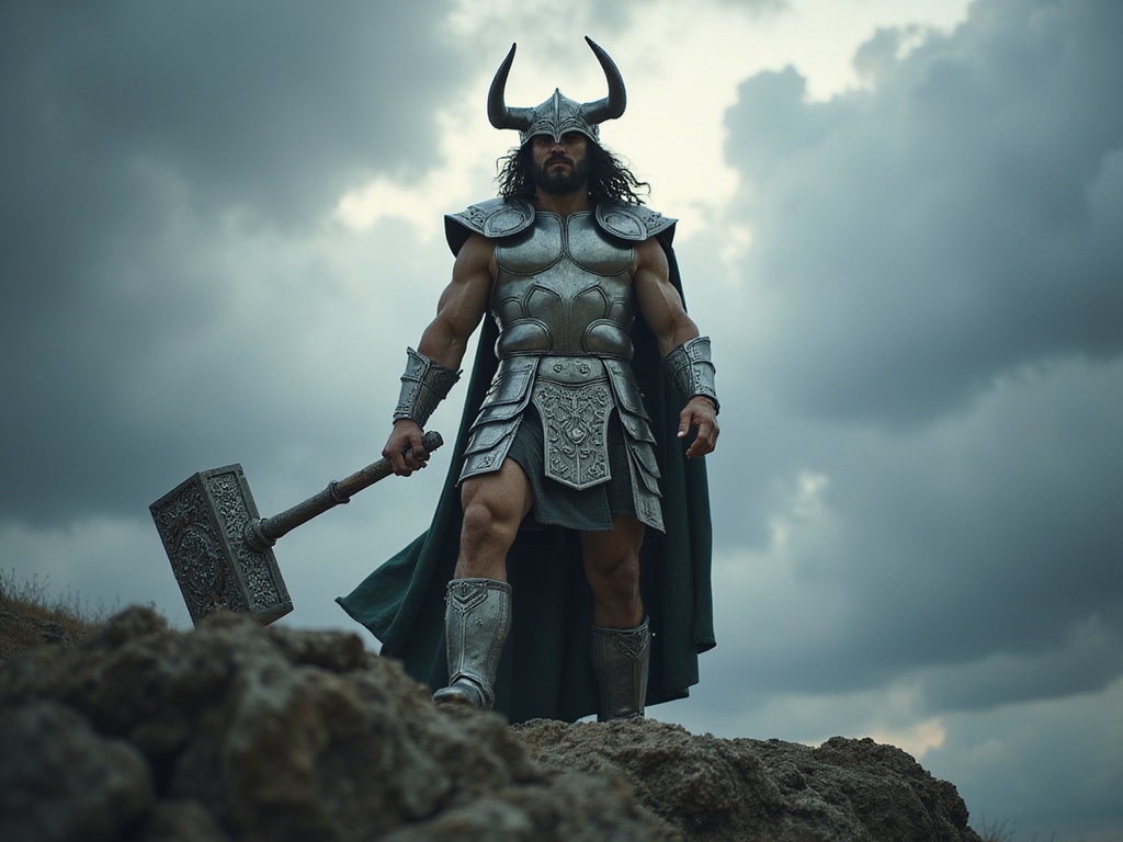 A striking male figure, James, aged 28, embodies the essence of Thor, the Norse god of thunder. He stands triumphantly atop a rugged cliff, with stormy clouds swirling dramatically overhead. His muscular physique is accentuated by a fitted, intricately detailed battle armor with metallic finishes and mythological engravings, echoing the grandeur of ancient warriors. Long, dark wavy hair flows from beneath a polished horned helmet, framing his chiseled face. He holds a mighty, intricately designed hammer posed beside him, radiating power and authority. The lighting captures an ethereal glow as rays break through the clouds, illuminating him with a celestial aura. The atmosphere is charged with energy and drama, creating a striking visual narrative that speaks to strength, valor, and mythical legacy.