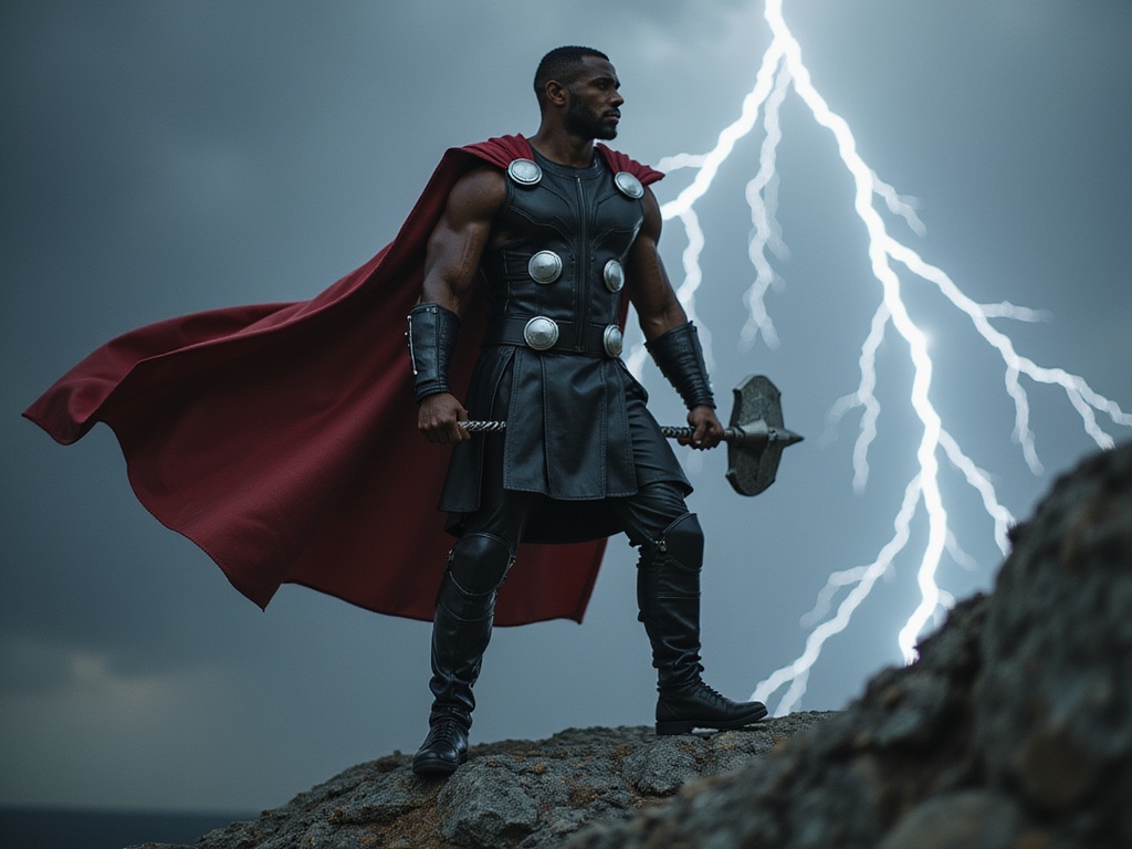 A striking male figure, Michael, aged 26, elegantly embodies the character of Thor, featuring a modern interpretation that celebrates a black superhero. He stands heroically atop a rocky cliff, gripping a stylized Mjölnir in one hand. His costume is a contemporary take on the classic Norse god, crafted from sleek black leather with intricate silver detailing and a flowing red cape billowing in the wind. His expression blends strength and determination, highlighted by dramatic lighting that casts deep shadows and accentuates the contours of his muscular physique. The backdrop is an epic stormy sky, with bolts of lightning crackling around him, creating a sense of raw power and mythology that transforms this image into an iconic portrayal of heroism.