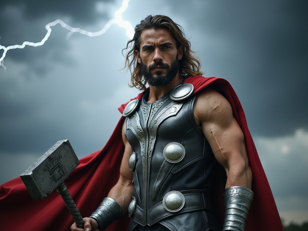 A 23-year-old Middle Eastern male, Michael, portrayed as a modern-day Thor, emanating a regal and powerful presence. He wears a meticulously crafted costume featuring a fitted metallic vest resembling Thor's armor, embellished with intricate engravings and a flowing red cape that billows behind him. His hair is styled in long, cascading waves, complemented by a beard that underscores his fierce yet noble demeanor. The backdrop is a dramatic stormy sky, with lightning illuminating the scene, heightening the sense of power and mythology. His pose is dynamic, with one arm raised to wield a replica of Mjölnir, showcasing strength and determination. The lighting is intense, casting dramatic shadows across his defined features, evoking an epic and heroic aesthetic worthy of a contemporary cinematic portrayal of the Norse god.