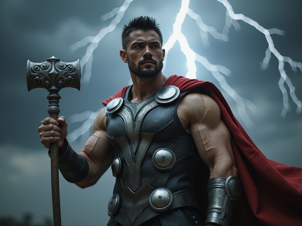 A muscular Asian male, David, aged 29, embodies the Norse god Thor in a hyper-realistic and visually striking portrayal. Dressed in an intricate, armored costume featuring a flowing red cape and a detailed chest plate that resembles traditional Asgardian designs, he holds a formidable Mjölnir in one hand. The backdrop is a dramatic thunderstorm, with dark clouds swirling and flashes of lightning illuminating the scene, enhancing the mythological atmosphere. His expression exudes fierce determination, radiating power and strength. The lighting captures the muscle definition in his arms and shoulders, with chiaroscuro effects highlighting his commanding presence, creating a stunning and memorable image. ROLE-PLAYING, HYPER-REALISTIC.