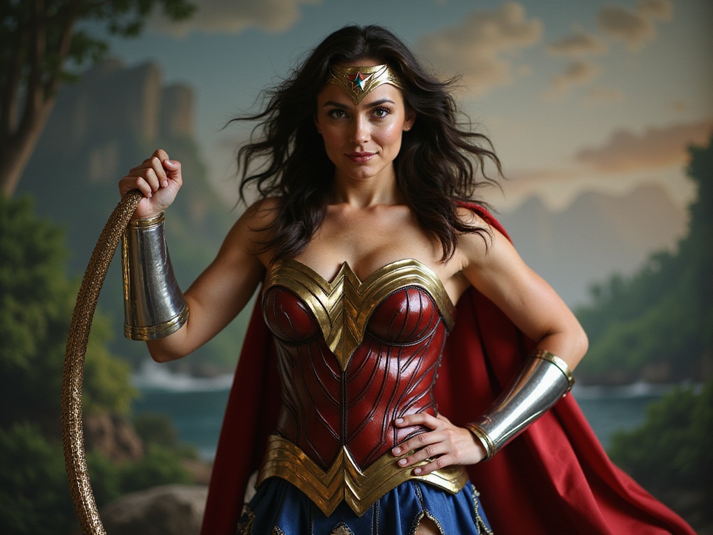 A 26-year-old woman, Jane, embodying the fierce spirit of Wonder Woman, stands powerfully against a dramatic backdrop inspired by lush Amazonian landscapes. She wears a meticulously crafted costume featuring a deep blue bodice with bold golden accents, complemented by a flowing red cape and armored gauntlets. Her long hair cascades in waves, framing her determined expression, as she pulls off an iconic pose with one arm raised in defiance, holding a shimmering lasso of truth. The lighting captures the strength of her figure, emphasizing her athletic build and radiant confidence. This hyper-realistic portrayal celebrates empowerment and heroism, creating a modern homage to the legendary character.
