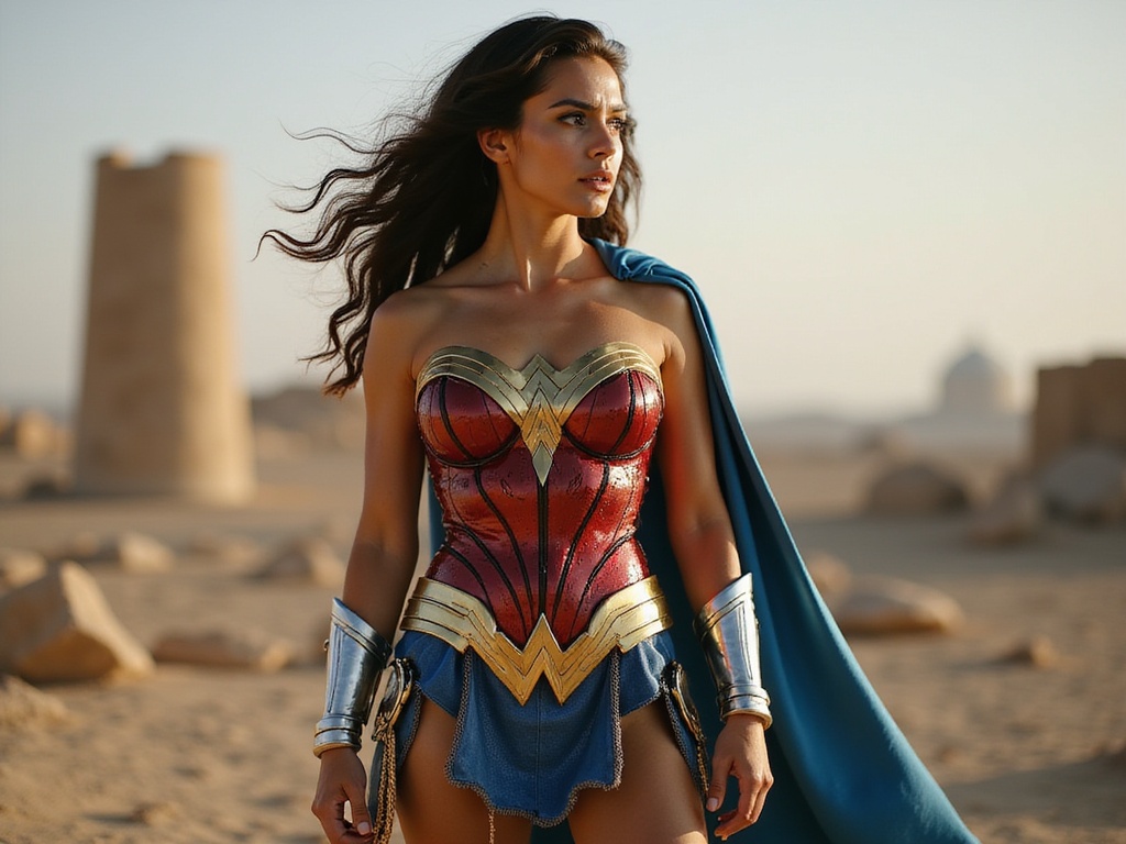 A striking 29-year-old Arab woman, Sarah, embodies the fierce spirit of Wonder Woman in a modern reinterpretation of the iconic character. Dressed in a form-fitting, intricately detailed outfit made of shimmering red and gold materials with athletic elements, she stands confidently, her left arm raised in a powerful pose. The costume features a sculpted corset with rich embroidery and flowing blue cape, elegantly contrasting against her strong silhouette. The setting is a dramatic landscape reminiscent of a heroic battleground, with blurred silhouettes of architectural ruins in the background. Lighting is bold, spotlighting her fierce expression and highlighting the strength reflected in her posture. This hyper-realistic portrayal channels the valor and determination associated with Wonder Woman, creating an image that resonates with empowerment and cultural pride.