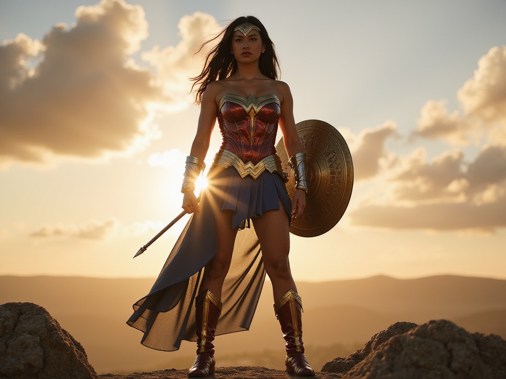 A 24-year-old Asian woman, Jane, embodying the fierce spirit of Wonder Woman. She stands triumphantly on a rocky outcrop, wearing a stunning, hyper-realistic costume featuring a metallic gold corset, deep blue skirt, and intricate red and gold accents. The setting sun casts a warm glow, illuminating her powerful silhouette against a dramatic sky. Her confident stance, with one hand on her hip and the other holding a shimmering shield, reflects both strength and grace. The intricate details of her ensemble, paired with a fierce expression, evoke the essence of heroism and empowerment, captured in a dynamic action pose. This image portrays a serene moment of victory amidst an epic backdrop, worthy of admiration and inspiration, fitting for a cinematic Wonder Woman aesthetic.
