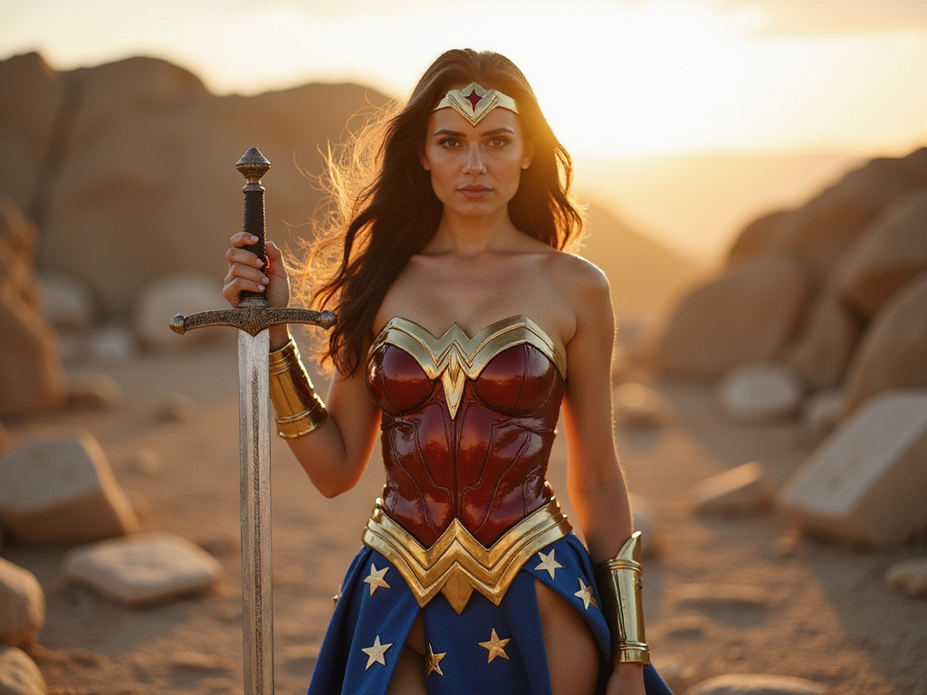 A stunning 25-year-old woman, Olivia, embodying the fierce spirit of Wonder Woman. She stands heroically on a rocky terrain reminiscent of ancient battlefields, donning a beautifully crafted modern version of the iconic costume. Her outfit features a metallic red corset with gold accents, paired with a flowing blue skirt adorned with star motifs. The golden tiara glints in the sunlight, accentuating her strong Middle Eastern features. In her right hand, she grips a shimmering sword, while the left arm is raised in a powerful stance. The surrounding landscape is bathed in a golden hour glow, casting an ethereal light upon her, emphasizing her strength and grace. The composition captures the essence of a modern-day warrior princess, evoking empowerment and resilience.