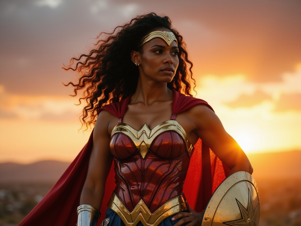 A 23-year-old Black woman, embodying the fierce spirit of Wonder Woman. Emily stands heroically against a backdrop of a dramatic sunset, casting fiery hues across the sky. She wears a meticulously tailored, shimmering gold and red bodysuit with intricately detailed armor plating. The costume features a deep, plunging neckline and billowing cape that flutters in the wind, evoking both strength and femininity. Her hair flows in voluminous curls, adorned with a golden tiara that reflects the setting sun's light. Emily's confident pose, with one hand resting on her hip and the other gripping a gleaming shield, radiates power and determination. The lighting captures the glossy texture of her costume and the glint in her fierce gaze, elevating the image to an iconic portrayal of a superheroine in a cinematic style.