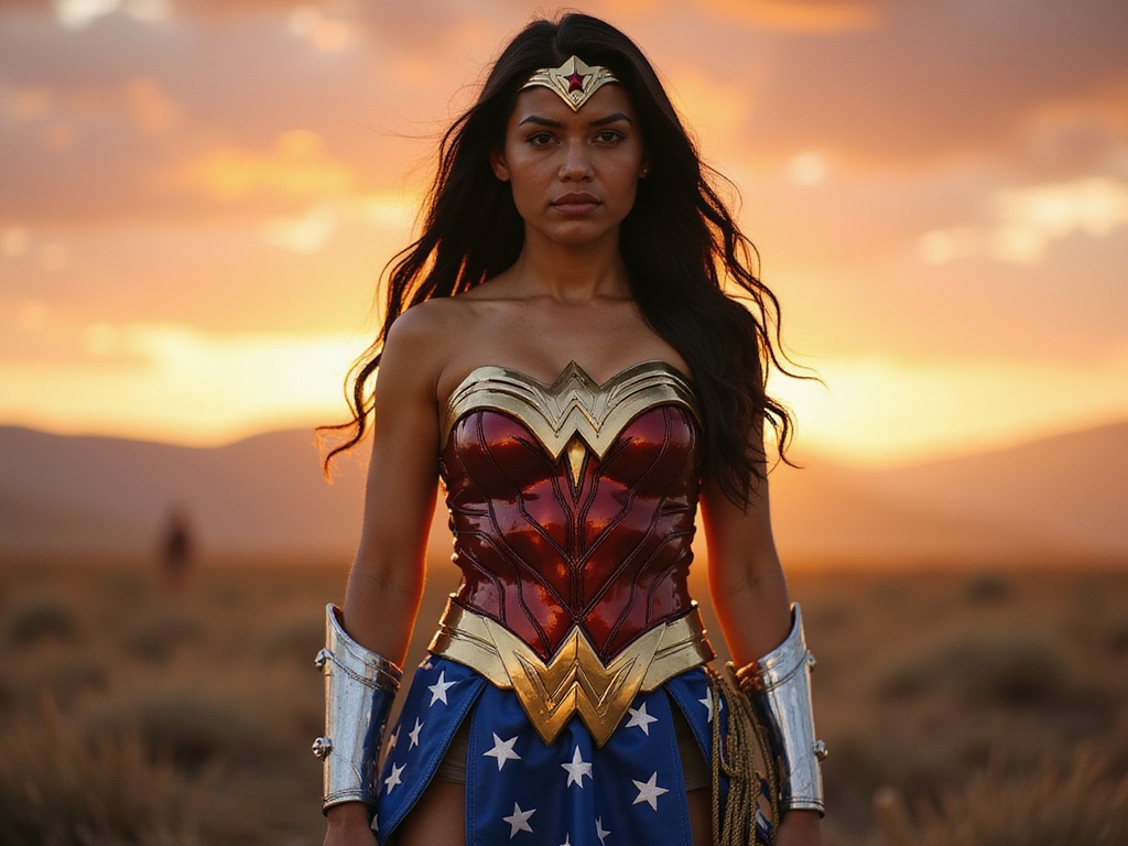 A young Latin woman, Emily, aged 24, embodying the fierce spirit of Wonder Woman in a hyper-realistic role-playing scene. She stands tall in an intricately designed costume featuring a fitted, metallic red bodice adorned with gold insignias, paired with a flowing blue skirt featuring white stars. Her long, dark hair cascades down her shoulders, and she dons a golden tiara atop her head, showcasing courage and strength. The setting is a dramatic battlefield backdrop, with a vibrant sunset casting warm hues across the scene, enhancing her heroic stance. The composition captures her confident posture, with a lasso at her side and a powerful expression that conveys determination and bravery. The lighting accentuates the textures of her costume and the dynamic beauty of her features, creating a striking image worthy of a contemporary art piece.