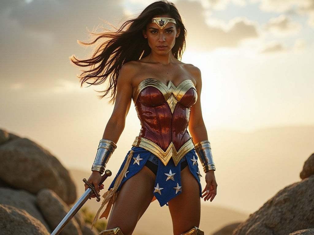 A striking portrayal of a Latin woman, Olivia, aged 27, embodying the powerful essence of Wonder Woman. Clad in a fitted, high-shine blue and gold warrior outfit that features bold star motifs and a corseted bodice, she stands heroically on a rocky outcrop that evokes a battle-ready stance. The wind catches her long, dark hair, cascading around her shoulders, echoing the intoxicating strength of her character. Dramatic sunlight breaks through the clouds behind her, casting a golden halo effect that enhances her fierce expression and sculpted physique. Her pose is dynamic, with one hand gripping a sword, raised high, while the other rests confidently on her hip. The scene conjures a sense of courage and resilience, capturing her in the moment before she leaps into action. This hyper-realistic image combines the grandeur of comic book mythology with high fashion artistry, creating an iconic representation of femininity and power.