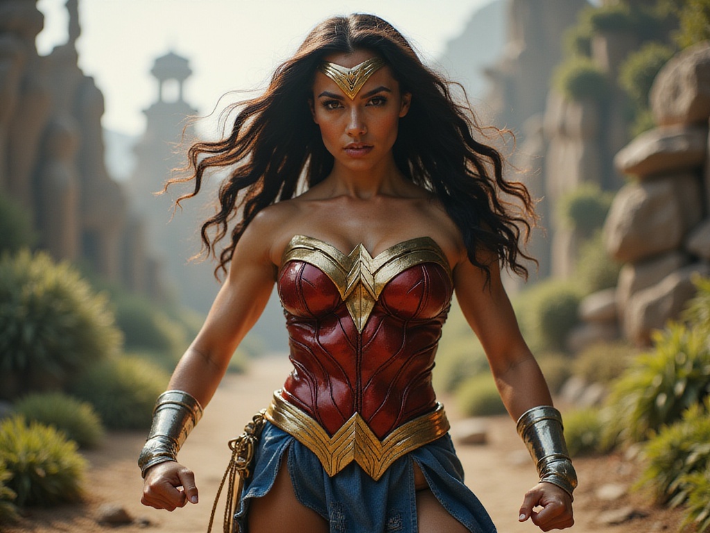A striking portrayal of a 24-year-old Latina woman, Emily, embodying Wonder Woman in a hyper-realistic setting. Dressed in a meticulously crafted costume featuring the iconic red and blue bodice adorned with golden accents, her warrior spirit is palpable. Her long, dark hair flows dramatically, and she is positioned in a powerful stance, fists clenched and ready for action. The background features a vibrant, mythical landscape with hints of Amazonian architecture and lush greenery, enhancing the heroic ambiance. The image captures dynamic lighting that accentuates her fierce expression and chiseled features, conveying an aura of strength and empowerment. This composition channels the energy of both superhero comics and contemporary fashion photography, making it compelling and unforgettable.