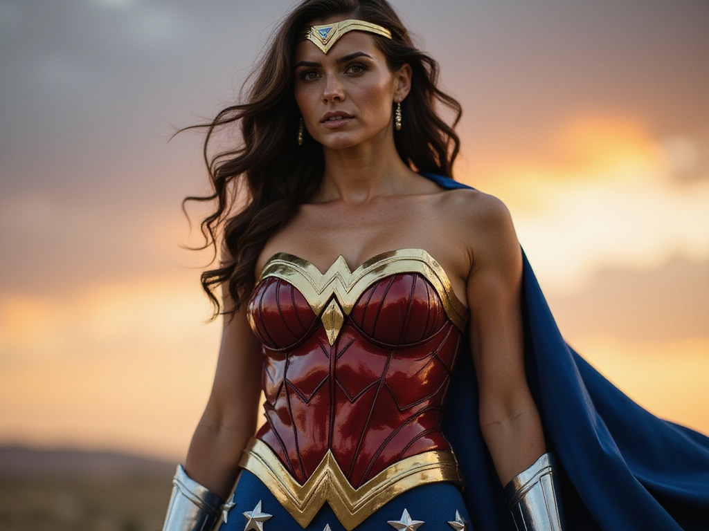 A stunning, 24-year-old female, Jane, embodying the fierce spirit of Wonder Woman. She stands tall, exuding strength and confidence, dressed in a tailored, high-fashion interpretation of the iconic Wonder Woman costume. The ensemble features a sculpted bodice in rich red and gold accents, complemented by a flowing blue cape that billows behind her, accentuating her powerful stance. Her hair is styled in long, defined curls, cascading over her shoulders, crowned with a golden tiara that shines against the dramatic backdrop of a dusky sky. The setting captures a cinematic moment, with the ethereal glow of sunset illuminating her fierce expression and highlighting her natural beauty. The composition conveys empowerment and grace, making it a striking homage to the legendary character.