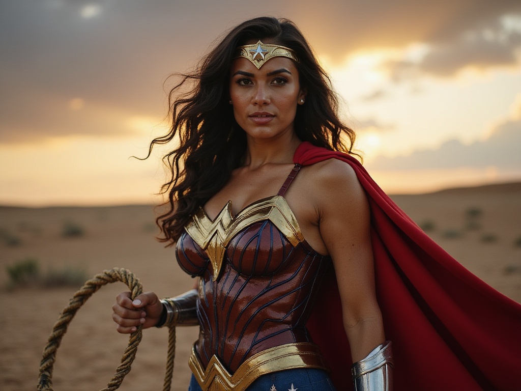 A 25-year-old Middle Eastern woman, Jane, embodying the powerful essence of Wonder Woman. She wears an intricately designed armor made of deep cobalt blue and gold accents that glint reflects light. The costume features a structured bodice with a corseted silhouette and an iconic star motif, paired with a flowing red cape that billows behind her. Her hair cascades in thick, glossy waves, framing her fierce expression—eyes filled with determination and a slight smile that radiates strength. The setting is an ancient battlefield at twilight, dramatic clouds swirling overhead, with soft golden lighting illuminating her from behind, enhancing her warrior stance as she holds a gleaming lasso at her side. The composition evokes a sense of heroism and empowerment, capturing Jane as a modern-day heroine in a high-fashion editorial style.