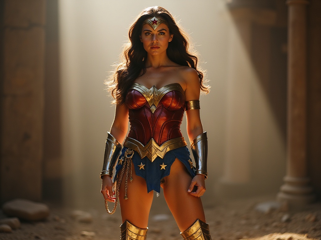 A stunning portrayal of Emily, a 27-year-old female embodying Wonder Woman. She stands poised and powerful against a backdrop reminiscent of an ancient battlefield, sunlight glinting off her intricately detailed armor. The costume features a classic red, blue, and gold palette, with a form-fitting corset adorned with stars, a bold armband, and knee-high gladiator boots. Her long hair cascades in bold waves, complementing her fierce expression, perfectly channeling the determined spirit of the iconic character. The lighting is dramatic, casting shadows that enhance her muscular physique and the noble stance, capturing the essence of strength, femininity, and heroism.