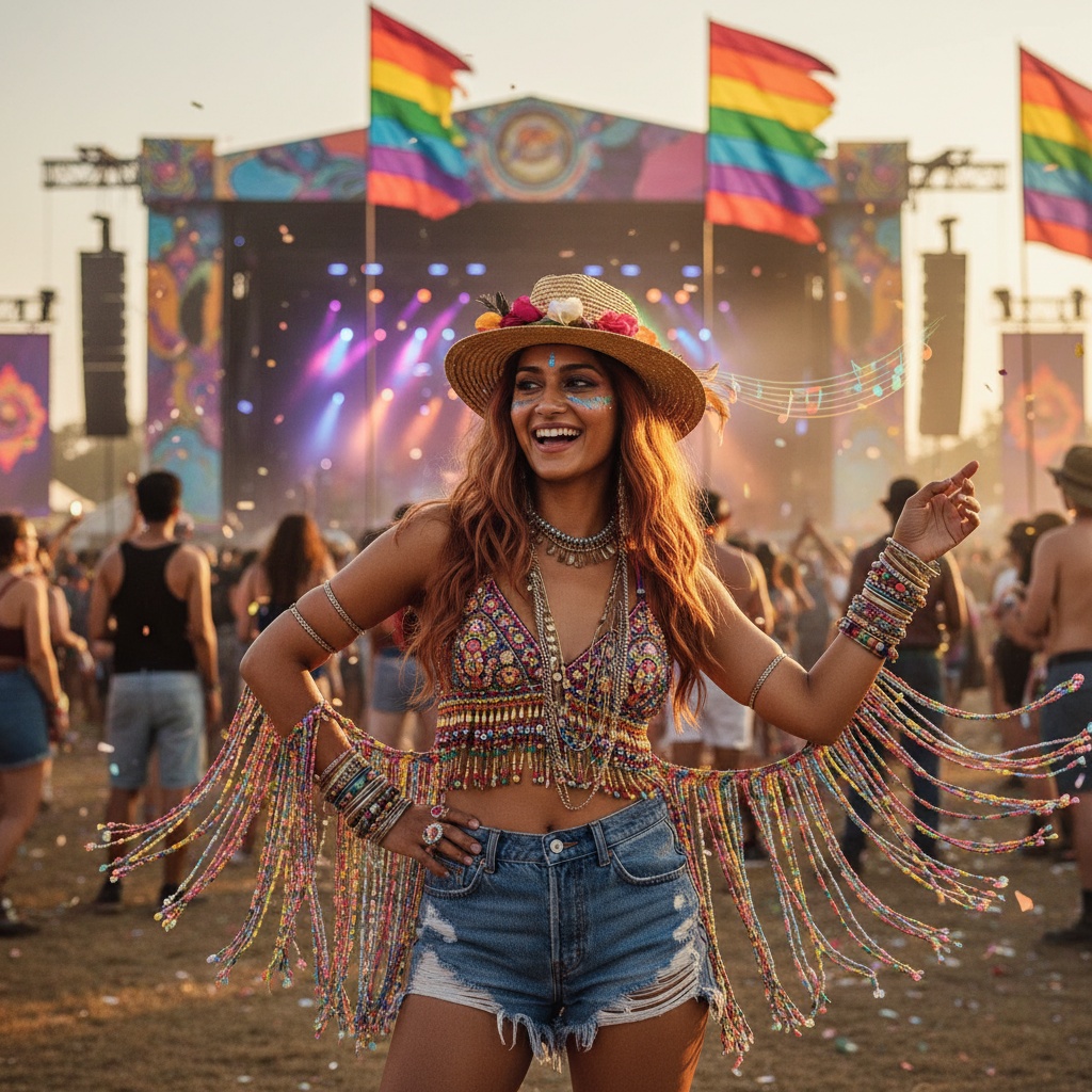 A vibrant festival scene featuring a smiling woman in a colorful beaded outfit and hat, surrounded by a crowd at a music festival with rainbow flags and stage lights in the background.