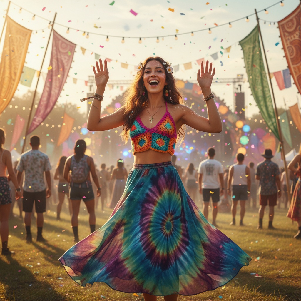 A joyful woman in a colorful crocheted top and tie-dye skirt dances at a vibrant music festival, surrounded by cheering crowds, confetti, and festive banners.