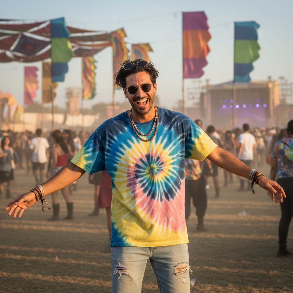 Man wearing a colorful tie-dye shirt and sunglasses smiles and poses with outstretched arms at an outdoor music festival, surrounded by a lively crowd and vibrant flags.