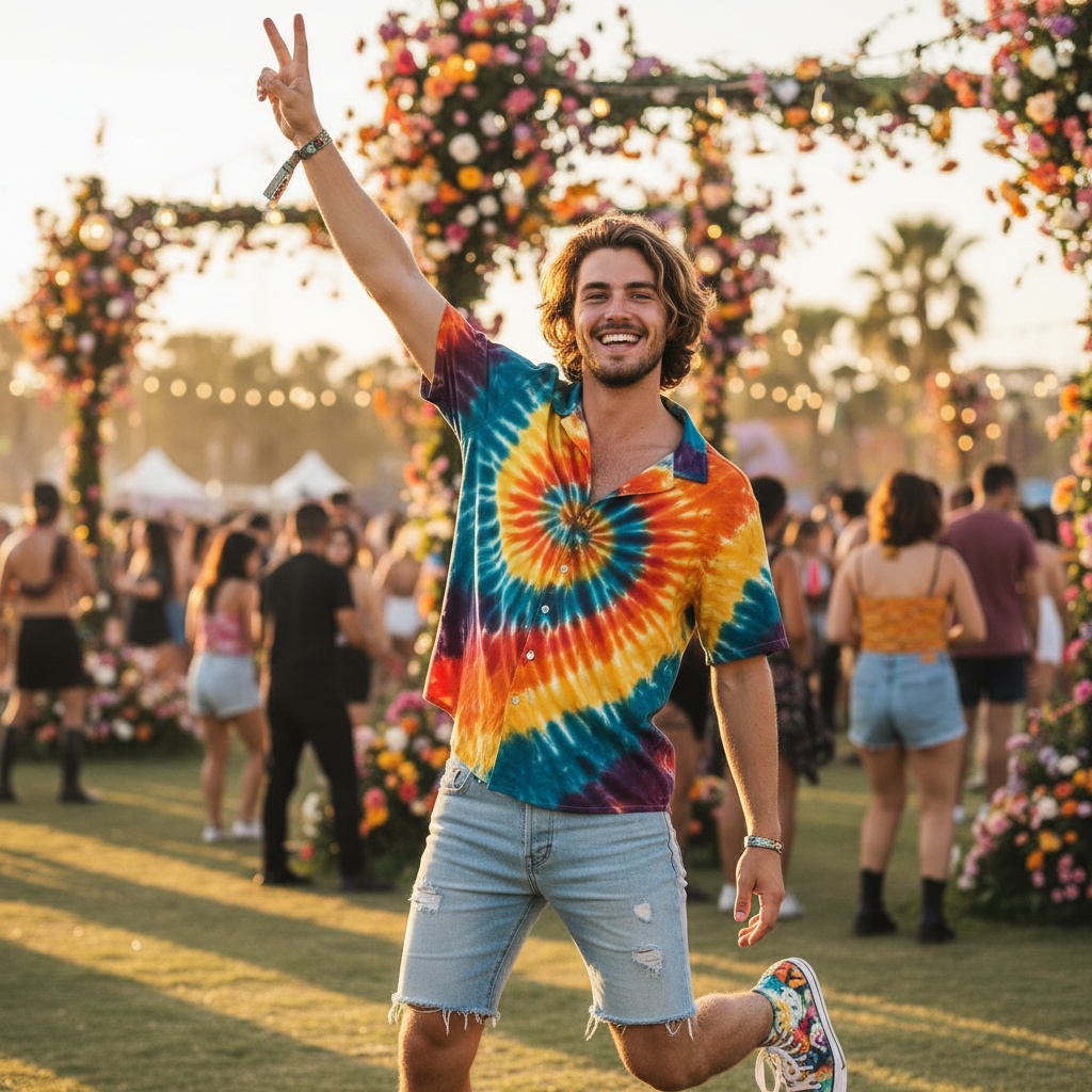 Young man in a colorful tie-dye shirt and denim shorts joyfully posing with a peace sign at a lively outdoor festival, surrounded by floral decorations and attendees.