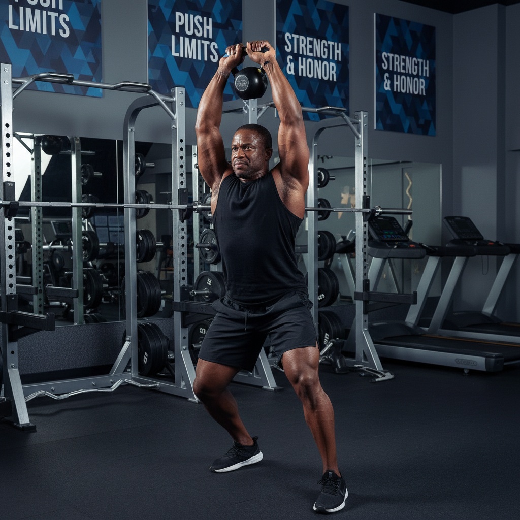 A muscular man performing a kettlebell overhead press in a modern gym, surrounded by weightlifting equipment and motivational posters.
