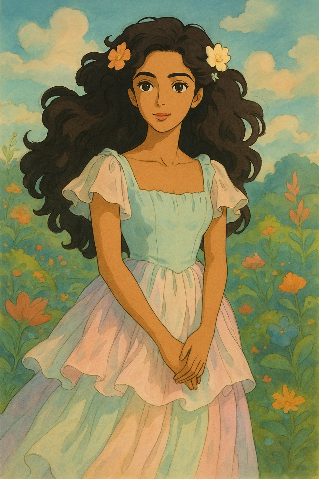 A stunning 24-year-old Middle Eastern woman, Olivia, elegantly embodying a character inspired by Ghibli films. She wears a whimsical pastel-colored dress made of layers of flowing chiffon and organza, mimicking the ethereal aesthetic of a Ghibli heroine. Her hair, a cascade of voluminous curls, features delicate flower accessories reminiscent of the lush landscapes found in Ghibli worlds. The background is a dreamlike setting, with fantastical flora and soft, whimsical skies, adding a touch of magic to the scene. The lighting is soft and diffused, creating an enchanting glow that enhances her serene expression. This captures the imaginative and heartwarming spirit associated with Ghibli films, invoking nostalgia and wonder.