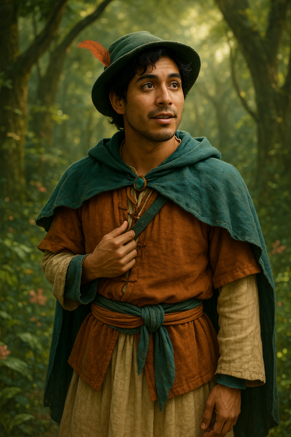 A Latin male, Michael, aged 29, ROLE-PLAYING as a character from a Studio Ghibli film. He is dressed in a whimsical, hand-crafted costume inspired by the enchanted worlds of Ghibli, featuring intricate details like flowing fabrics and earth-toned colors. The background is a lush, enchanted forest, rich with vibrant flora and soft sunlight filtering through tree branches, creating a dreamlike atmosphere. His expression reflects wonder and curiosity, evoking the spirit of adventure typical of beloved Ghibli protagonists, captured in a HYPER-REALISTIC style.