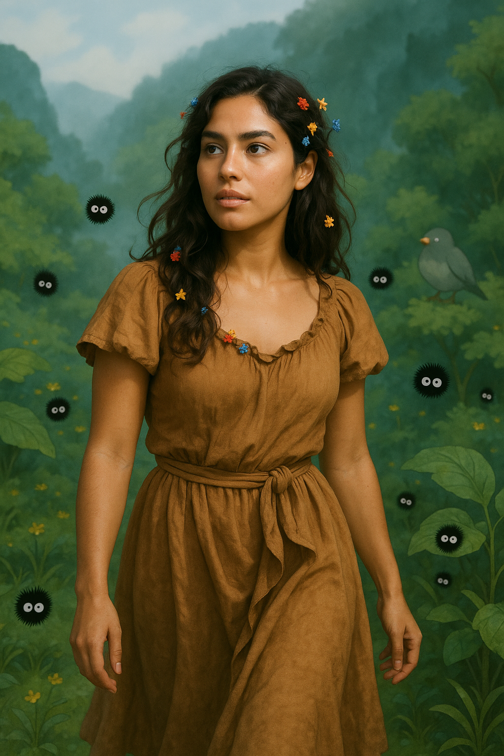ROLE-PLAYING HYPER-REALISTIC: A 29-year-old Latin female, Emily, is portrayed in a whimsical Ghibli-inspired setting, wearing a flowing, earth-toned dress that evokes the untamed beauty of nature. Her hair cascades in loose waves, adorned with small, vibrant flowers native to the Ghibli films. The backdrop features lush greenery, ethereal mist, and playful creatures, creating a dreamlike atmosphere reminiscent of a scene from Spirited Away. Emily's expression is serene and adventurous, capturing the essence of a Ghibli heroine, as she gazes off into the distance, embodying both wonder and poise. The composition showcases soft, diffused lighting that enhances the enchanting quality of the scene.