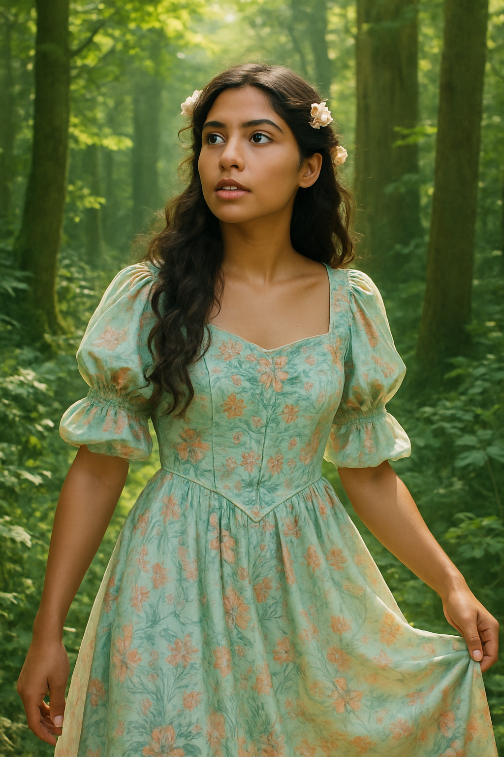 A LATIN woman, Sarah, aged 23, ROLE-PLAYING a character inspired by the enchanting world of Ghibli. She is dressed in a whimsical, flowing pastel-colored dress with intricate floral patterns, reminiscent of the ethereal aesthetics found in Ghibli films. Sarah stands in a lush, vibrant forest with towering trees and dappled sunlight filtering through the leaves, capturing the essence of magic and wonder. Her hair is adorned with delicate flower clips, and her expression reflects a sense of curiosity and adventure. The image is crafted in a hyper-realistic style, with attention to the textures of her attire and the lush greenery surrounding her, evoking the enchanting spirit of a Ghibli tale.
