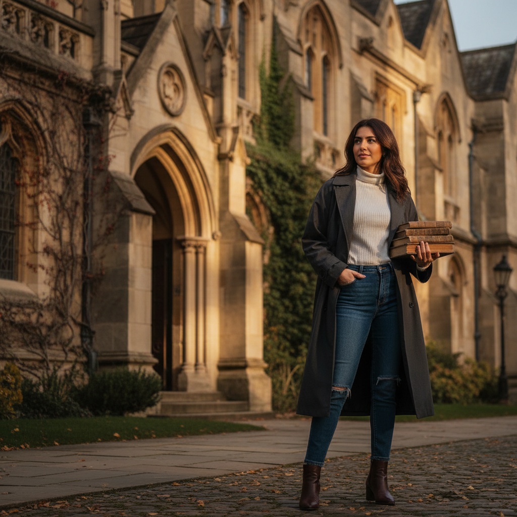 Emily, a striking 30-year-old Middle Eastern woman, embodies the spirit of academia in front of a historic campus landmark, possibly a grand gothic building or ivy-covered library. She's stylishly dressed in an oversized charcoal trench coat over a crisp white turtleneck with dark frayed jeans and classic ankle boots. Emily stands relaxed yet poised, one hand in her coat pocket and the other holding a stack of vintage leather-bound books. The late afternoon sunlight casts a soft golden glow around her, enhancing her sophisticated look against the dramatic shadows of the architecture. Her expression reflects curiosity and ambition, perfectly capturing the allure of a modern-day scholar in a beautiful intellectual setting. The composition adheres to the rule of thirds, emphasizing both her presence and the grandeur of the background.
