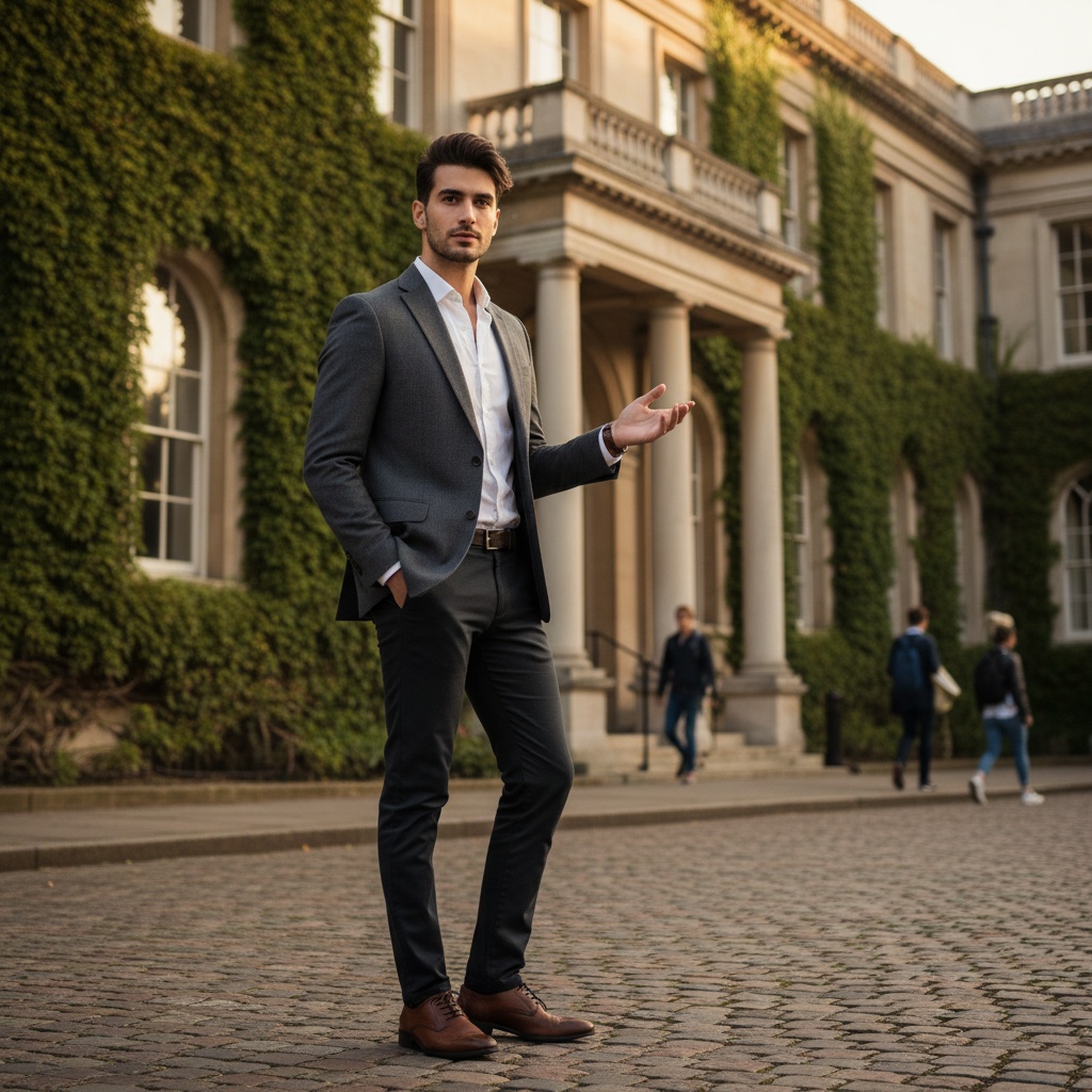 James, a 29-year-old Middle Eastern male model, stands confidently in front of an iconic university landmark, wearing a tailored charcoal-grey blazer over a crisp white shirt, with rolled-up sleeves for a sophisticated vibe. He pairs this with slim-fit trousers and polished oxford shoes. The grand architecture of a historic campus building, adorned with cascading ivy, creates a stunning backdrop. Captured in soft, golden-hour lighting, his chiseled features are illuminated, and a slight breeze tousles his hair. His relaxed yet assertive pose, with one hand in his pocket and the other raised as if engaging in conversation, reflects youthful ambition and the stimulating atmosphere of academic life. The trigger word 'James' introduces a Lora style that enhances this captivating image.