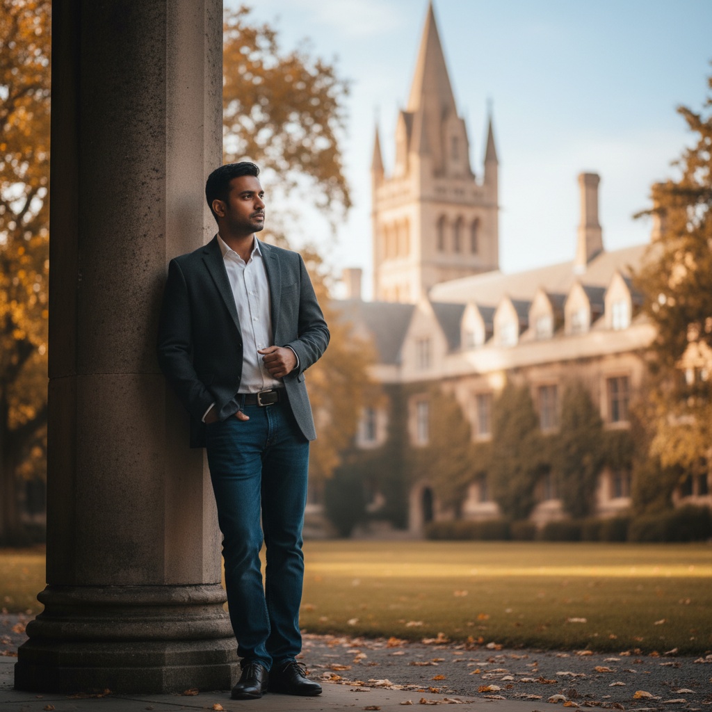 Michael, a charismatic Indian male aged 34, embodies the essence of a contemporary scholar leaning casually against a weathered stone column on a prestigious university campus. Dressed in a tailored charcoal blazer over a subtly rumpled white shirt and dark denim jeans, he exudes a sophisticated yet approachable vibe. The scene is enriched by the warm glow of sunlight filtering through golden autumn leaves, illuminating his contemplative expression that reflects an engaged intellectual. In the background, the iconic spires of a historic library frame him, illustrating a moment of quiet reflection amidst the academic pursuit of wisdom, beautifully captured with natural light to create a dreamlike quality.